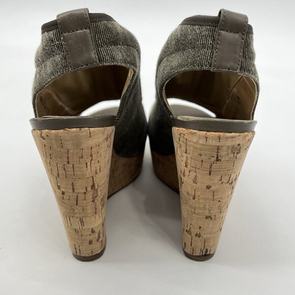 Stuart Weitzman Glove Tan Stretch Wedge Slingback Sandal Size 8M Cork Peep Toe - Picture 9 of 12